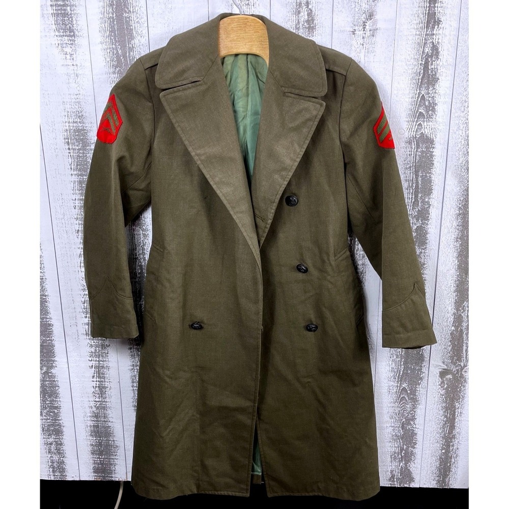 Vintage 1976 USMC Overcoat Mens 38R Wool Serge Green Military Trench Coat USMC